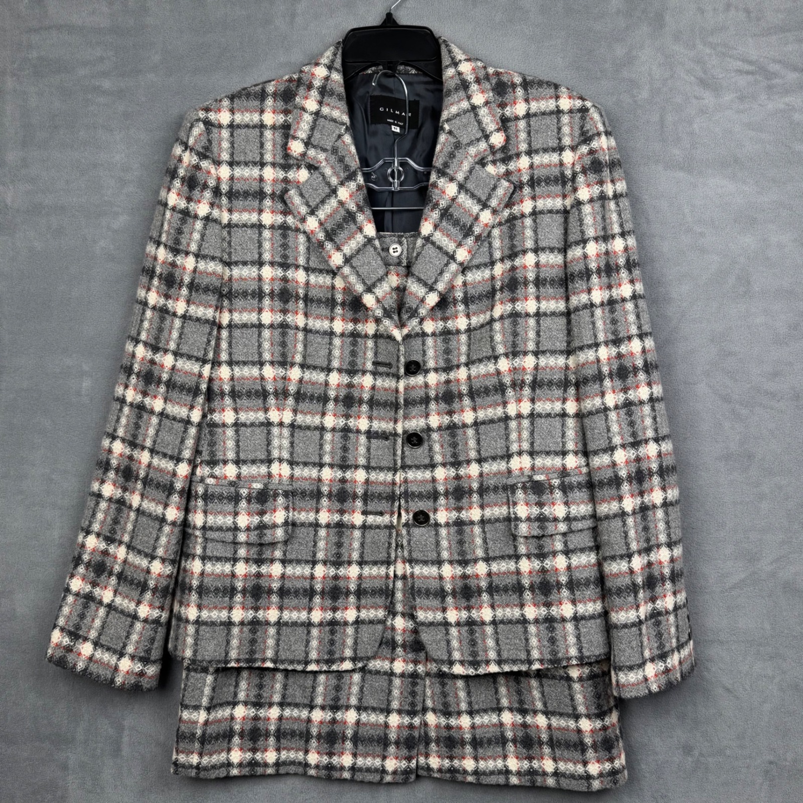 Vintage Gilmar Women's 2 Piece Wool Blend Plaid Suit Set Made In Italy Size 50